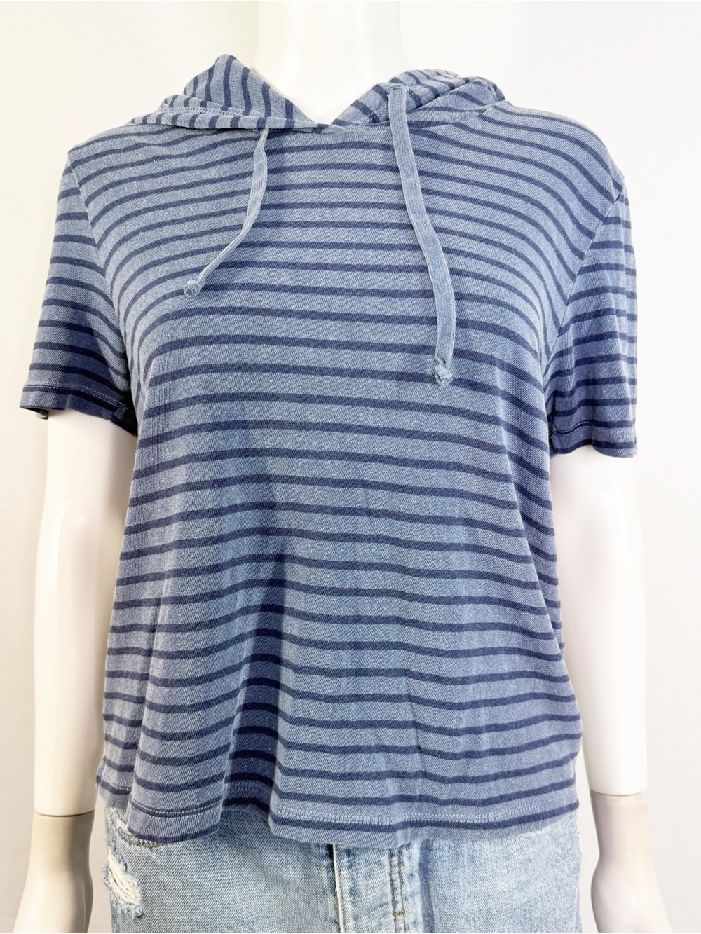 Vintage Boyville Blue Striped Short Sleeve Hooded T-Shirt Top Size S Casual